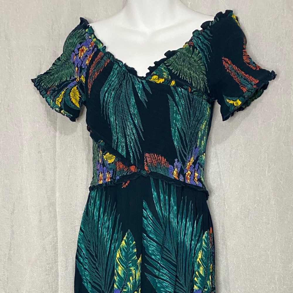 Patrons of Peace Black Green Tropical Leaf Smocked Off-Shoulder Jumpsuit